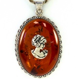 Estate sterling silver amber cameo style necklace