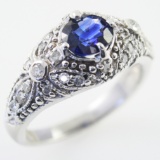 Estate unmarked white gold diamond & natural sapphire ring