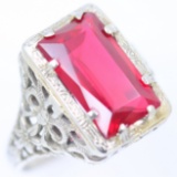 Vintage 14K white gold ruby filigree ring