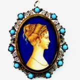 Vintage .800 silver hand-painted portrait pin/pendant