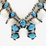 Vintage Native American unmarked sterling silver turquoise squash blossom necklace