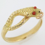 Estate unmarked 14K yellow gold coral baby snake ring