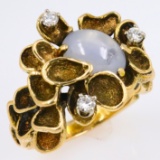 Estate 18K yellow gold diamond & moon stone ring