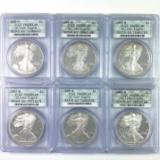 Continuous run of all 6 certified 2000-2005 proof certified U.S. American Eagle silver dollars