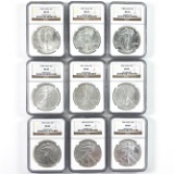 Lot of 9 mixed-date certified 20th century U.S. American Eagle silver dollars