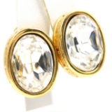 Pair of authentic estate Givenchy yellow gold-plated Greek key white crystal earrings