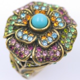 Estate Heidi Daus brass multi-colored rhinestone ring
