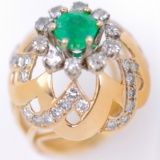 Vintage 14K yellow gold diamond & natural emerald dome ring
