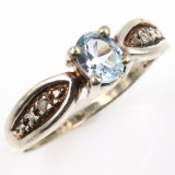 Estate sterling silver diamond & aquamarine ring