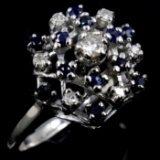 Vintage 14K white gold diamond & natural sapphire cluster ring