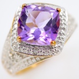 Estate gold-plated sterling silver diamond & amethyst ring