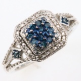 Estate sterling silver blue & white diamond halo ring