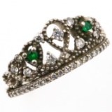 Estate sterling silver diamond & natural emerald crown ring
