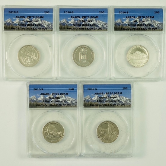 Complete 5-piece set of certified 2010-S proof U.S. "America The Beautiful" national park quarters