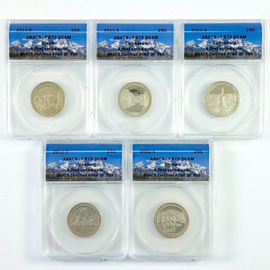 Complete 5-piece set of certified 2011-S proof U.S. "America The Beautiful" national park quarters