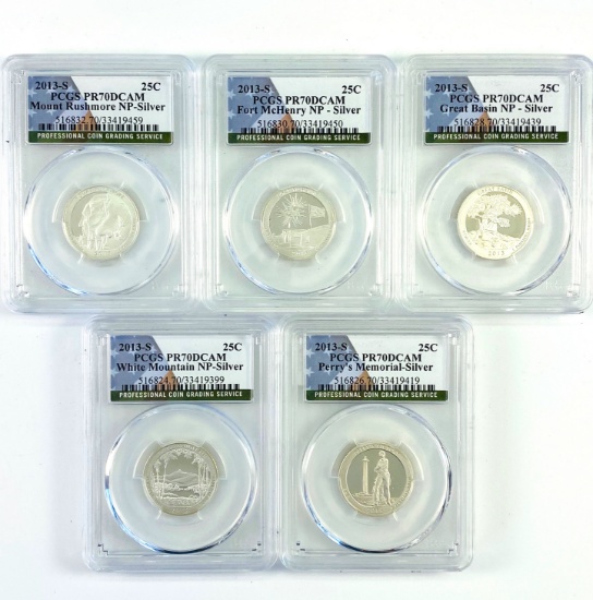 Complete 5-piece set of 2013-proof U.S. 90% silver "America The Beautiful" national park quarters