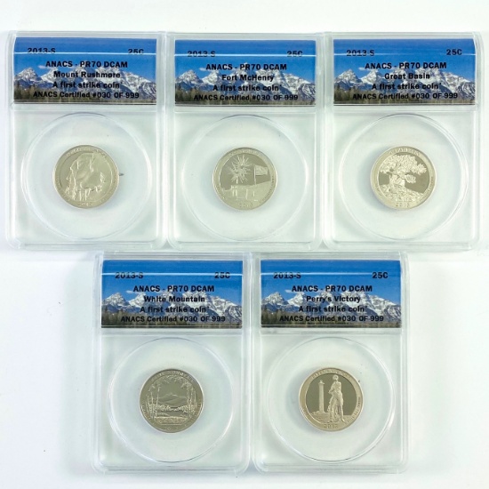 Complete 5-piece set of certified 2013-S proof U.S. "America The Beautiful" national park quarters