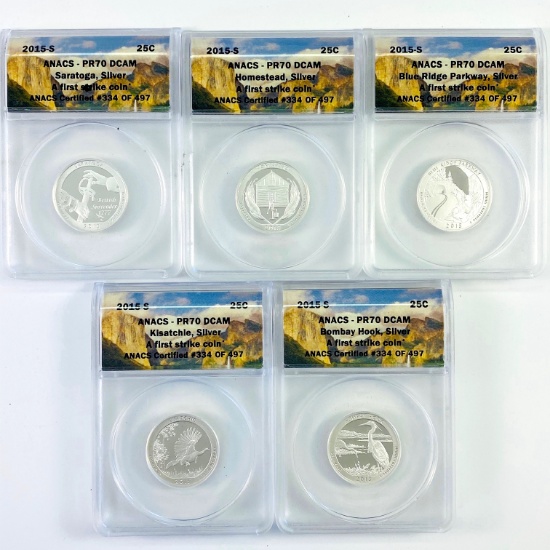 Complete 5-piece set of 2015-S proof 90% silver U.S. "America The Beautiful" national park quarters