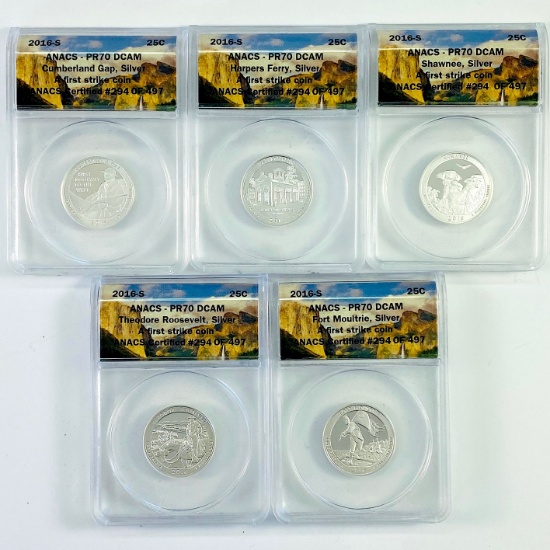 Complete 5-piece set of 2016-S proof U.S. 90% silver "America The Beautiful" national park quarters