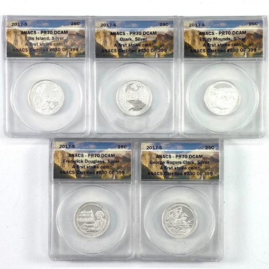 Complete 5-piece set of 2017-S proof 90% silver U.S. "America The Beautiful" national park quarters