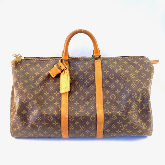 Authentic estate Louis Vuitton "Keepall 50" monogram canvas & leather luggage bag