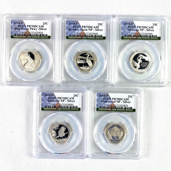Complete 5-piece set of 2015-S proof U.S. 90% silver "America the Beautiful" national park quarters