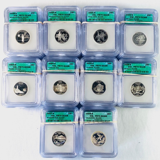 Complete 50-piece set of certified 1999 to 2008 proof U.S. 90% silver state quarters