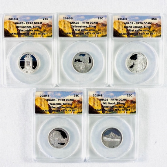 Complete 5-piece set of 2010-S proof U.S. 90% silver "America the Beautiful" national park quarters