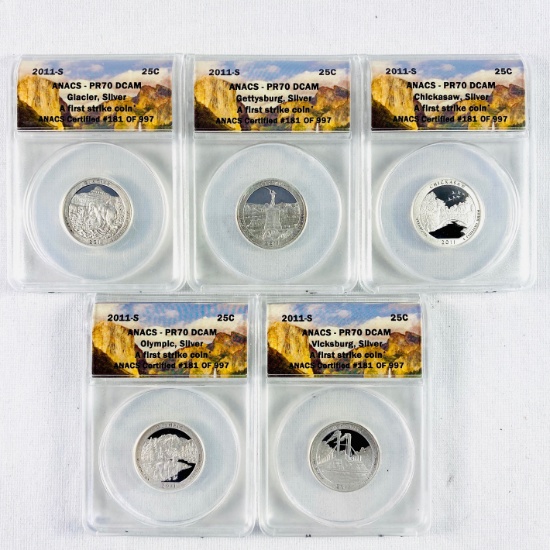 Complete 5-piece set of 2011-S proof U.S. 90% silver "America the Beautiful" national park quarters