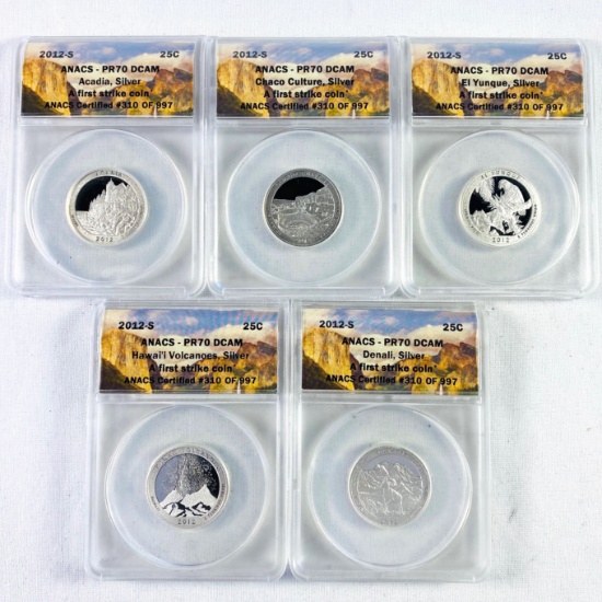 Complete 5-piece set of 2012-S proof U.S. 90% silver "America the Beautiful" national park quarters