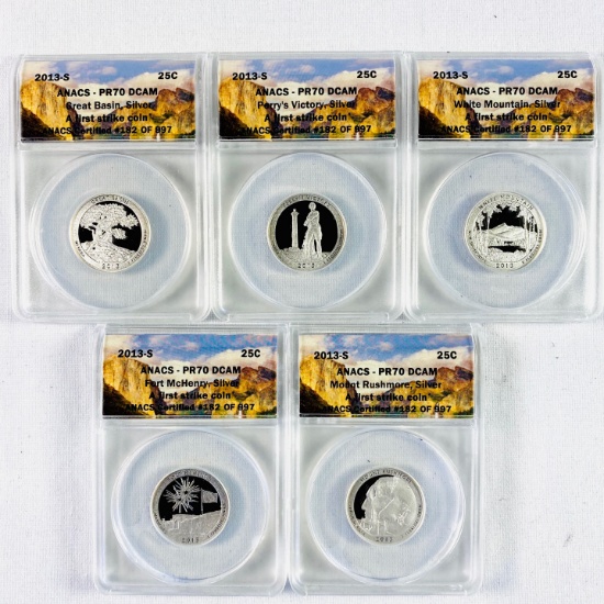 Complete 5-piece set of 2013-S proof U.S. 90% silver "America the Beautiful" national park quarters
