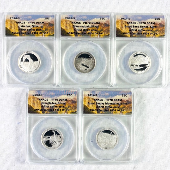 Complete 5-piece set of 2014-S proof U.S. 90% silver "America the Beautiful" national park quarters