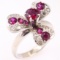 Estate 18K white gold diamond & natural ruby three-leaf-clover ring