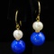 Pair of estate 14K yellow gold lapis lazuli & pearl dangle earrings