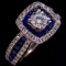 Estate 14K white gold diamond & natural sapphire halo ring