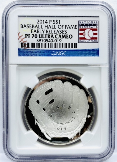 Certified 2014-P proof U.S. Baseball Hall of Fame commemorative silver dollar