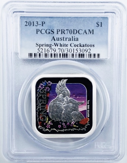 Certified 2013-P colorized proof Australia Spring-White Cockatoos silver dollar