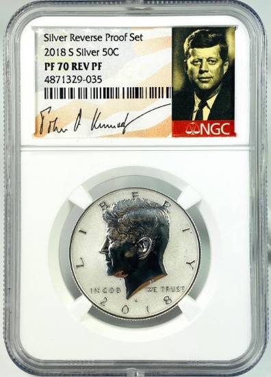 Certified 2018-S silver reverse proof Kennedy half dollar