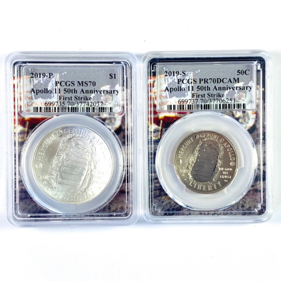 Certified 2019 U.S. Apollo 11 50th Anniversary commemorative silver dollar & half dollar set
