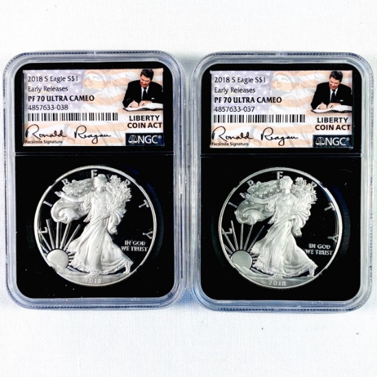 Pair of certified 2018-S proof U.S. American Eagle silver dollars