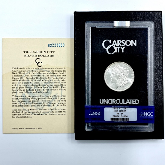 Certified 1882-CC U.S. Morgan silver dollar
