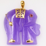 Estate 14K yellow gold & purple jade carved elephant pendant with one ruby