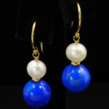 Pair of estate 14K yellow gold lapis lazuli & pearl dangle earrings