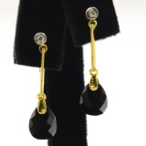 Pair of estate 14K yellow gold diamond & onyx dangle drop earrings