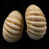 Pair of vintage genuine ivory & 14K yellow gold ribbed clip-on earrings