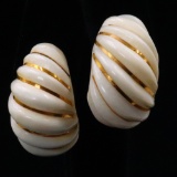 Pair of vintage genuine ivory & 14K yellow gold ribbed earrings