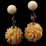Pair of vintage genuine ivory carved bead dangle earrings