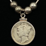 Genuine estate 1942 U.S. Mercury silver dime sterling silver beaded necklace