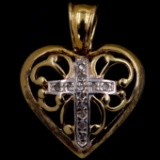 Estate sterling silver gold plated diamond heart & cross pendant