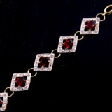 Estate sterling silver gold plated diamond & garnet bracelet